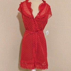 NWT Johnny Martin Red Polka dot chiffon ruffle button down vintage style dress